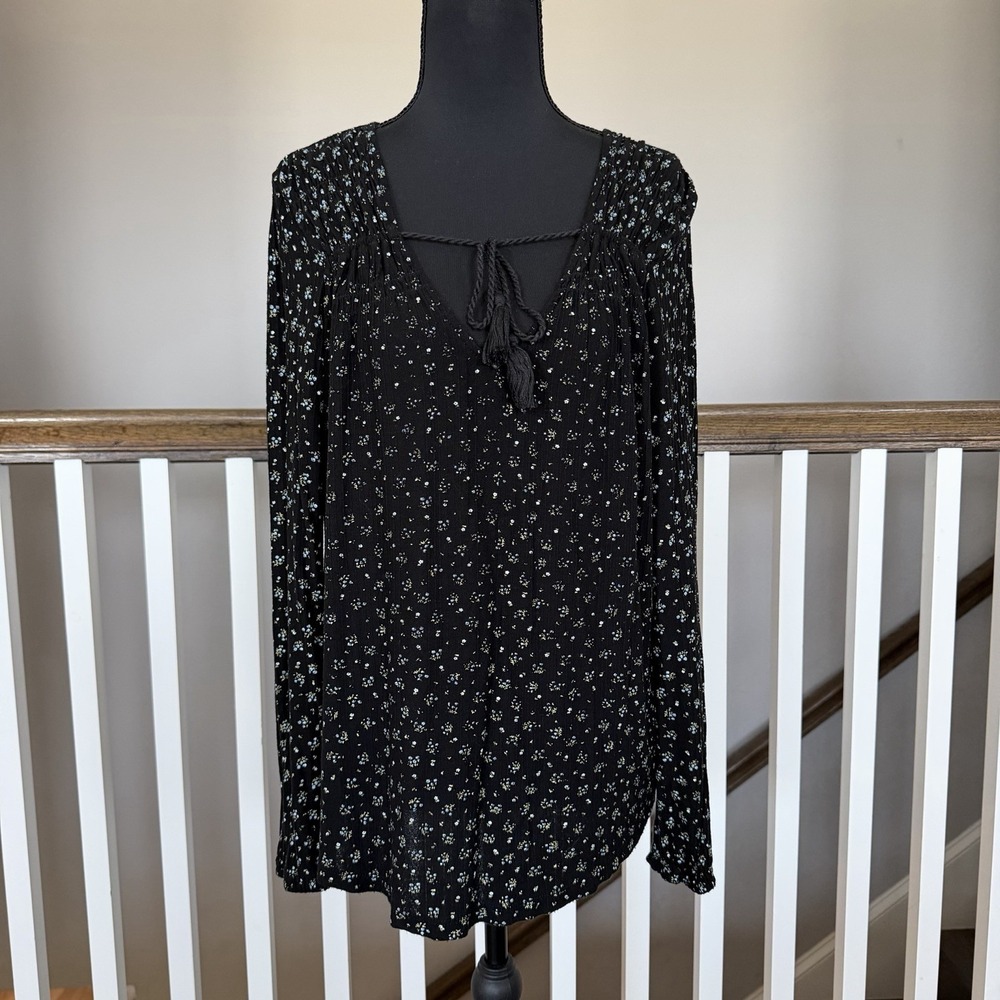 Lucky Brand Floral Long Sleeve Tassel Top Large Whimsigoth Cottage Boho Peasant